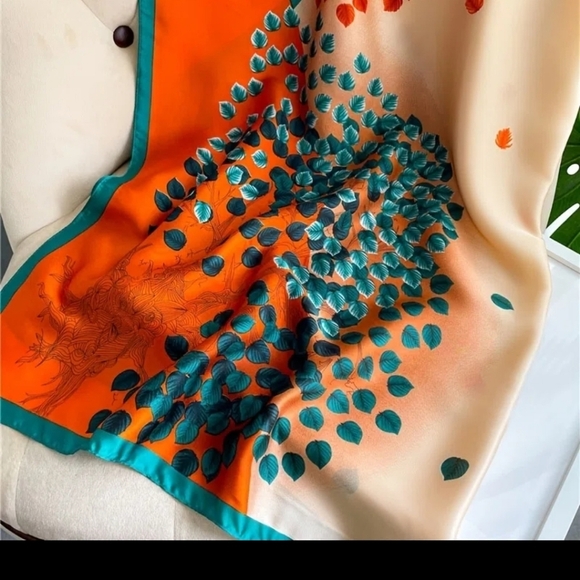 Turquoise silky orange bright happy leaf luxury summer scarf - Picture 2 of 5